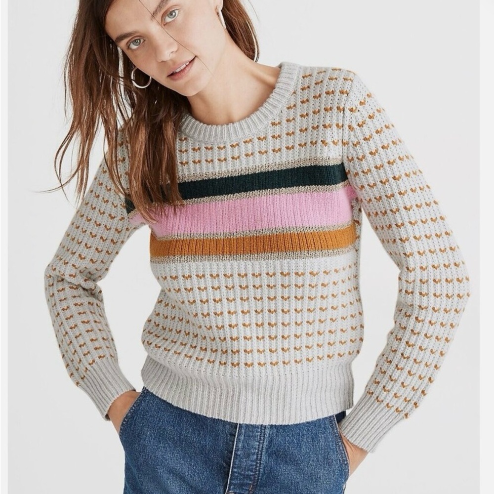 Madewell Pink Striped Pullover Barfield Cropped Sweater - Picture 2 of 2